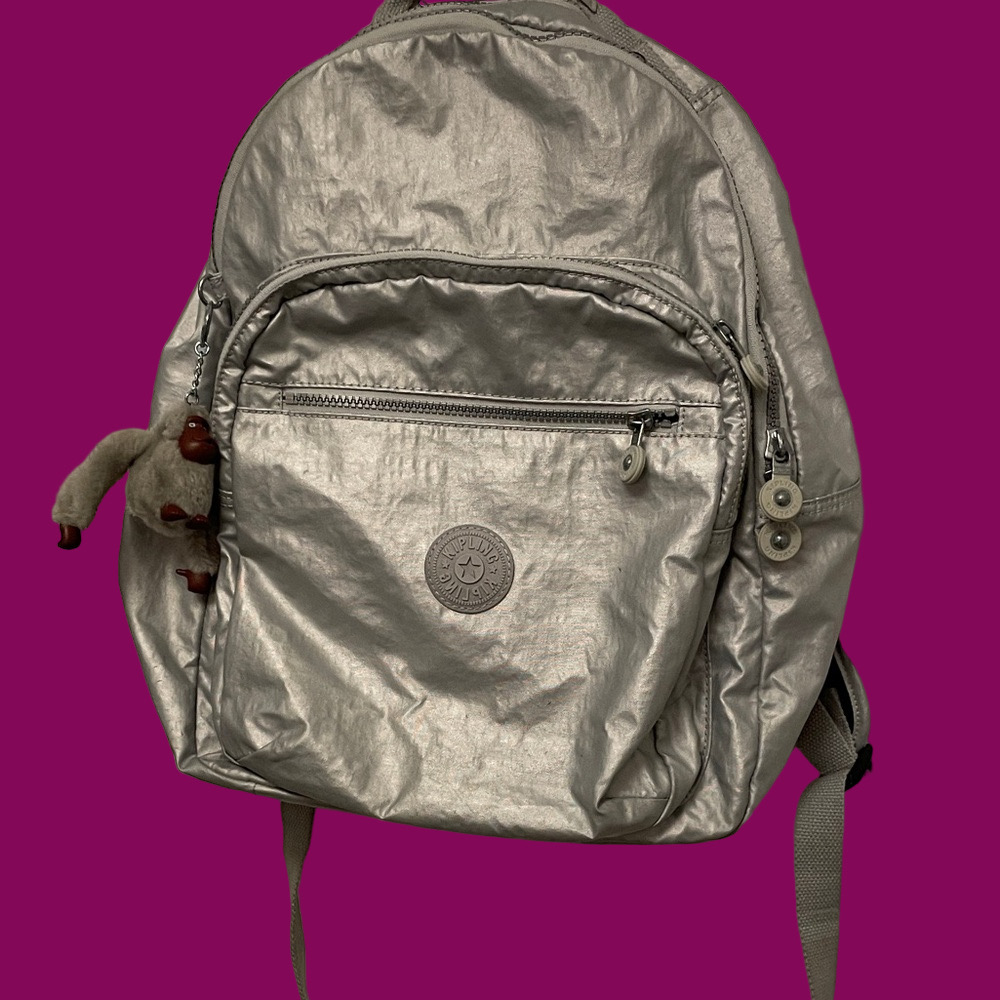 Kipling Silver Metallic Backpack With Multiple Pockets
